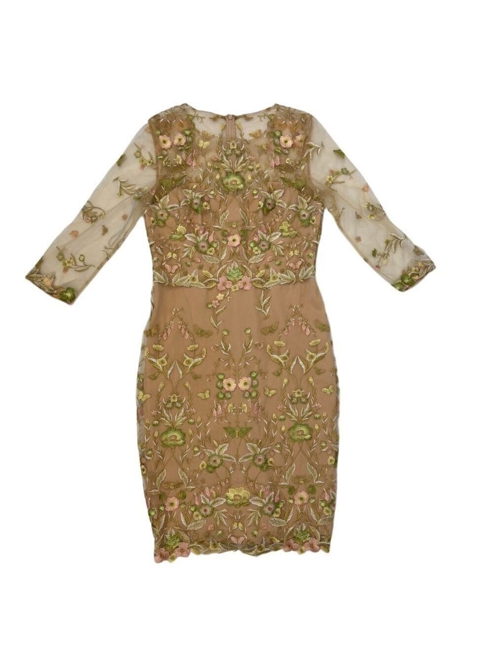Marchesa Notte Beige Floral Embroidered Tulle Short Dress Women 12